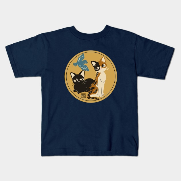 Cats meet the bird Kids T-Shirt by BATKEI